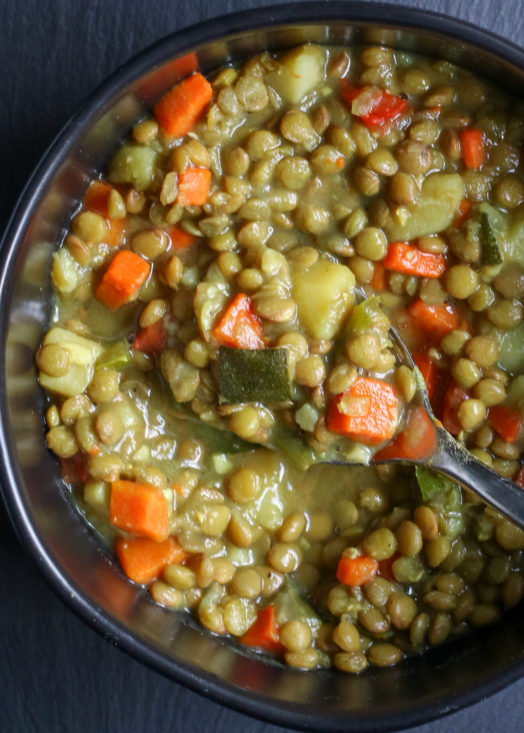 bowl filled with lentil and vegetable soup